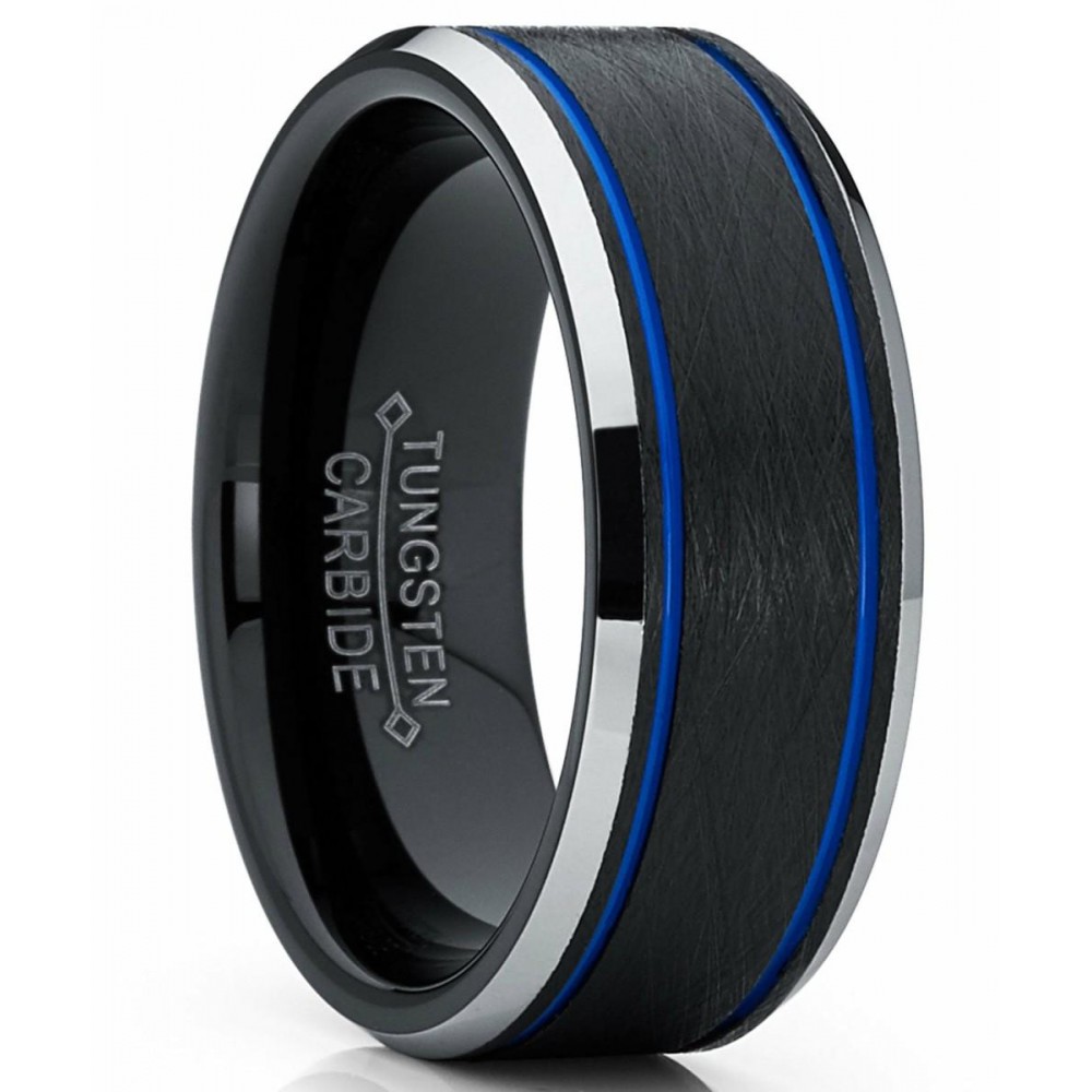 Mens Rings | Men's Tungsten Carbide Black and Blue Textured Wedding Band Ring Comfort Fit 8mm