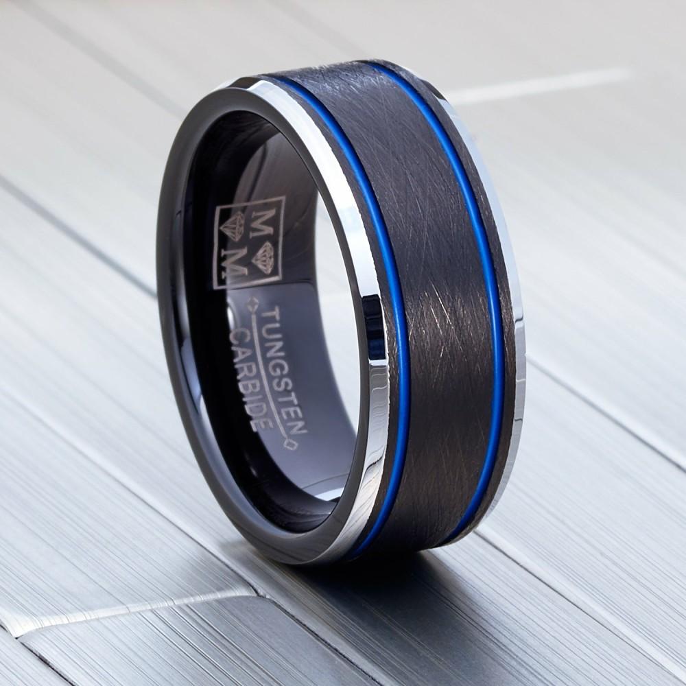 Mens Rings | Men's Tungsten Carbide Black and Blue Textured Wedding Band Ring Comfort Fit 8mm