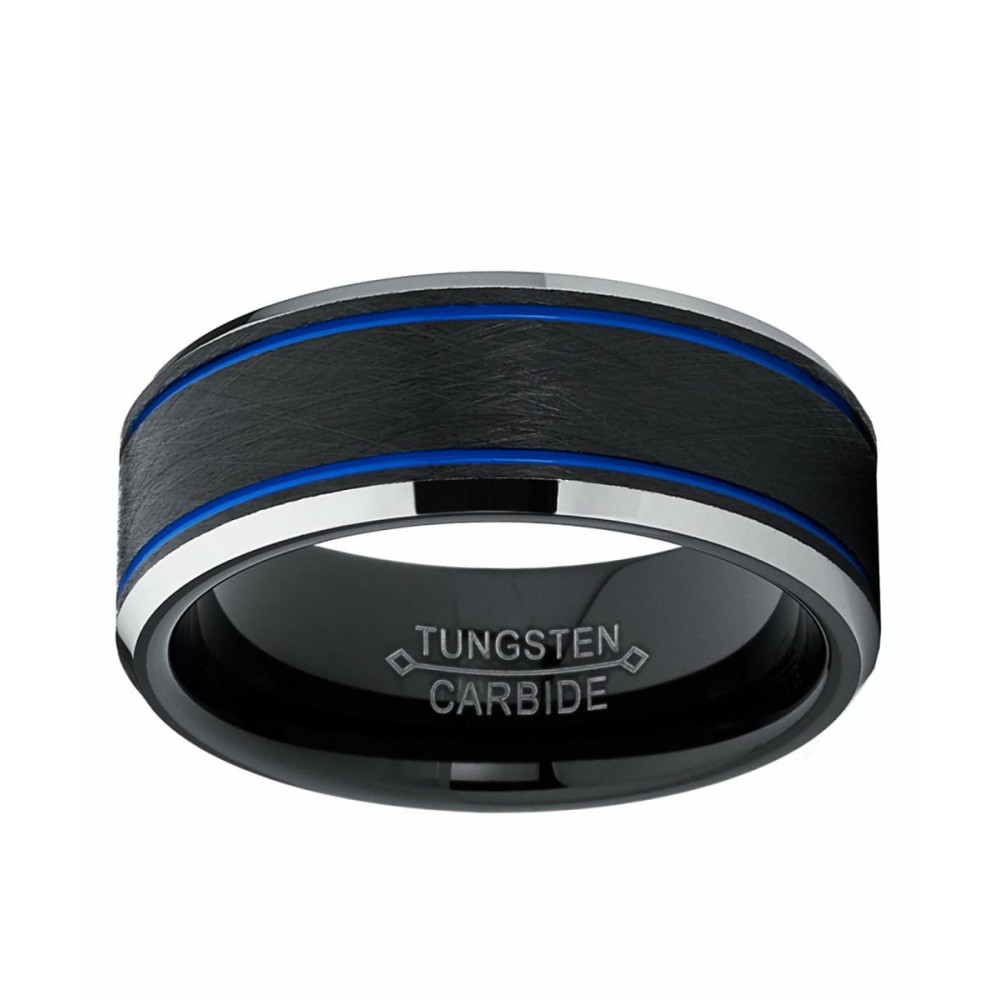 Mens Rings | Men's Tungsten Carbide Black and Blue Textured Wedding Band Ring Comfort Fit 8mm