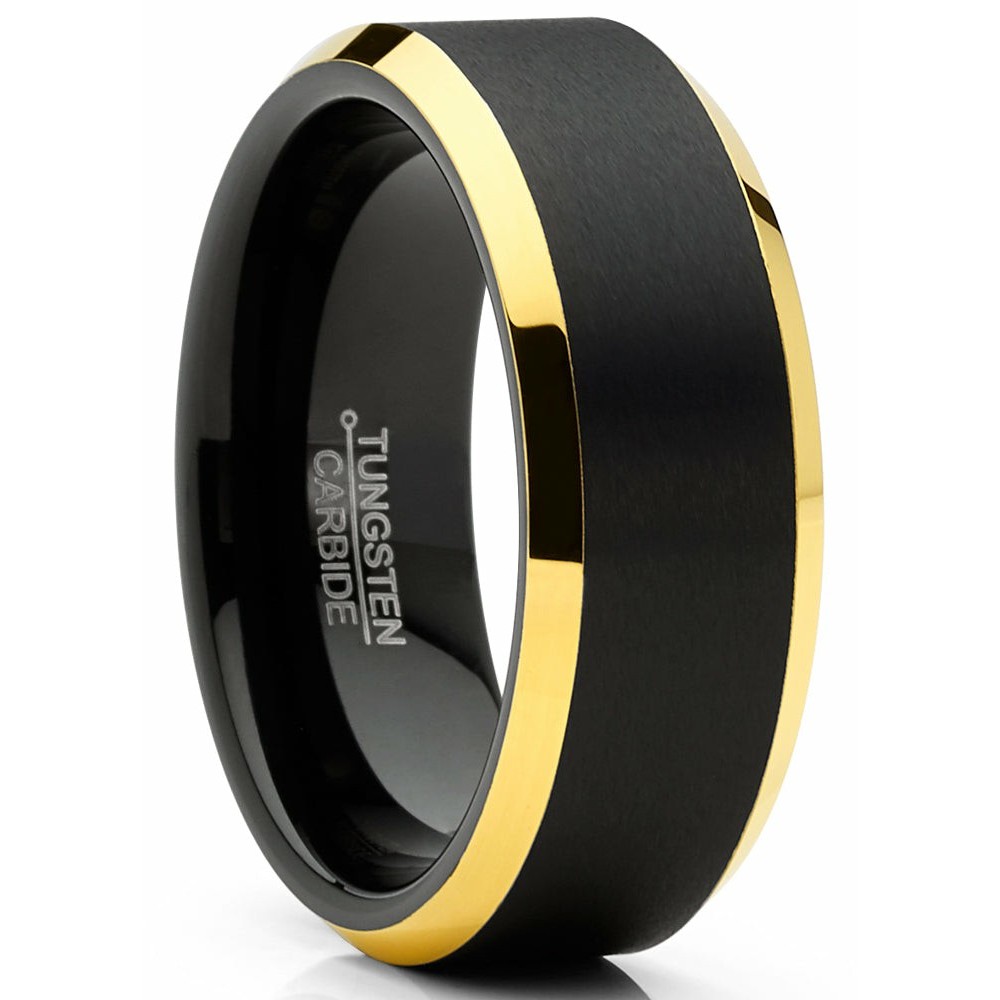 Mens Rings | Mens Tungsten Ring Black Goldtone Wedding Band Beveled Edges Comfort-fit 8MM