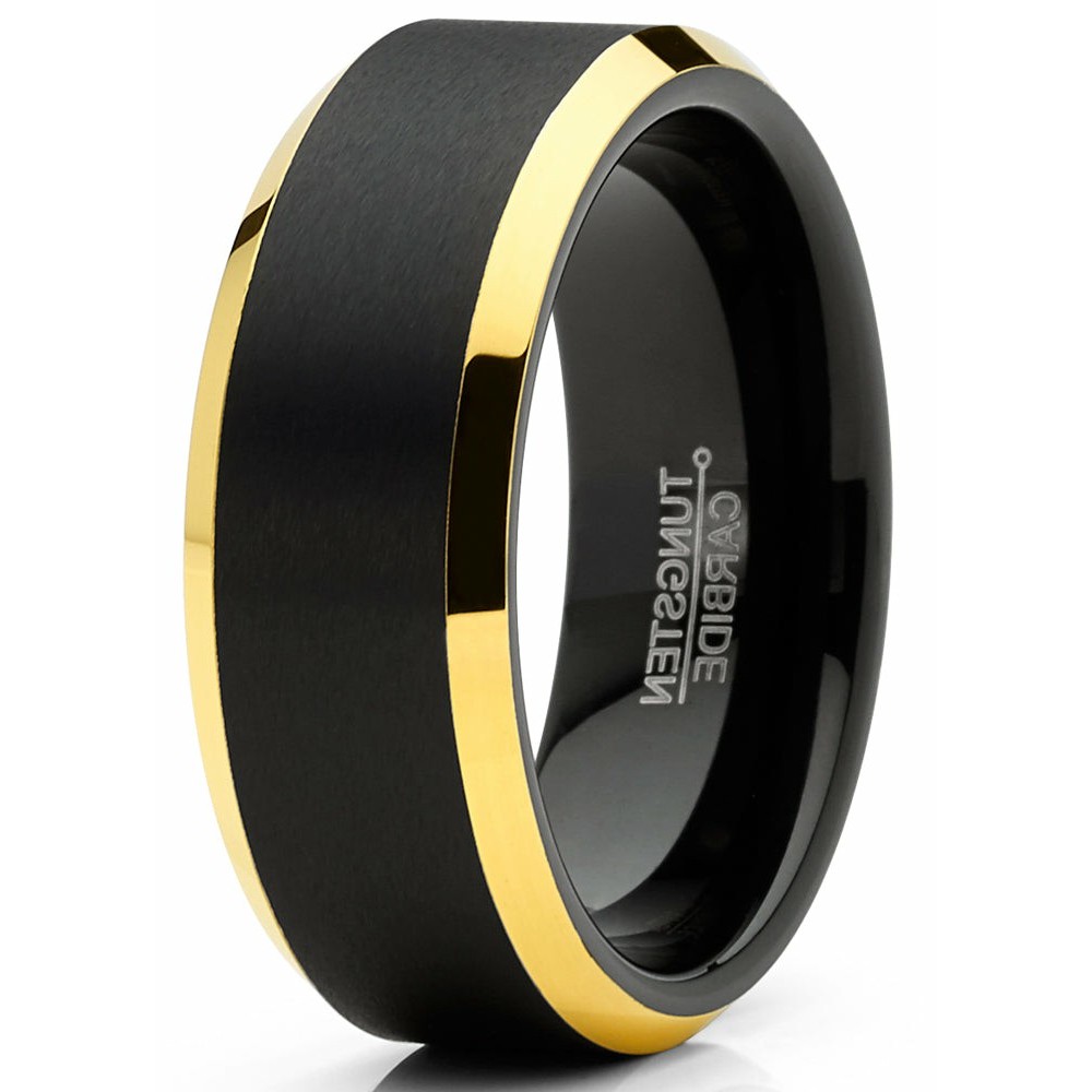 Mens Rings | Mens Tungsten Ring Black Goldtone Wedding Band Beveled Edges Comfort-fit 8MM