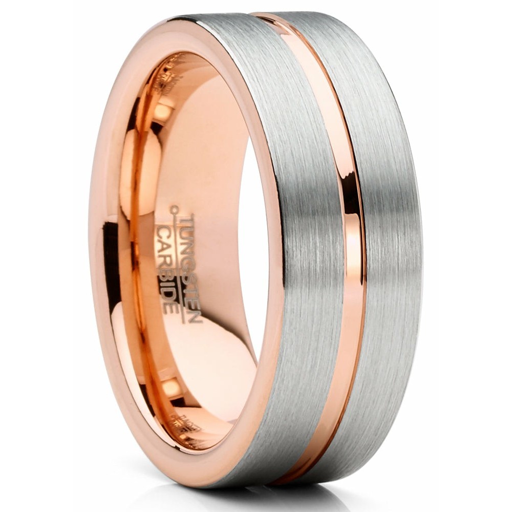 Mens Rings | Mens Tungsten Ring Rose Goldtone Wedding Band Grooved Comfort-fit 8MM