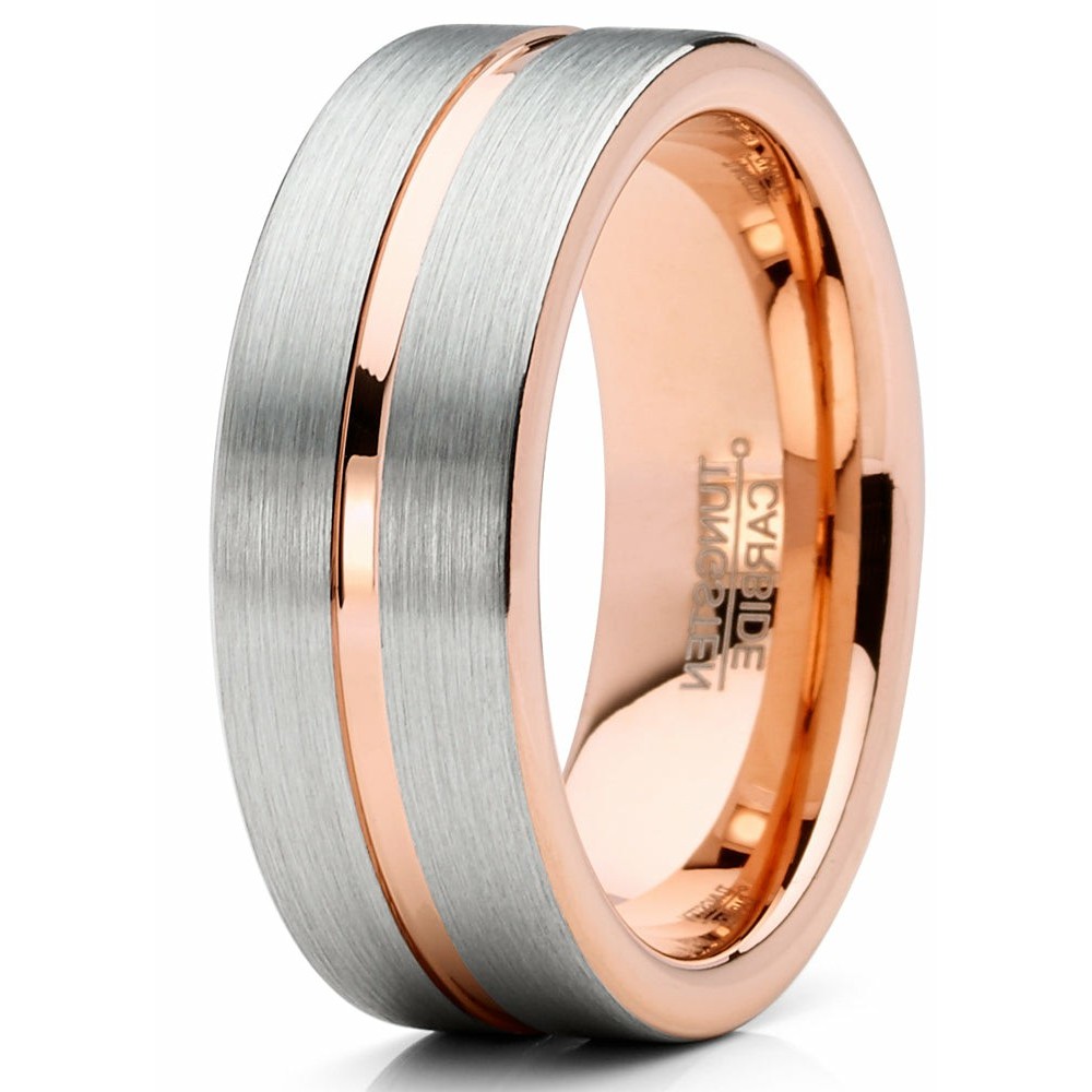 Mens Rings | Mens Tungsten Ring Rose Goldtone Wedding Band Grooved Comfort-fit 8MM