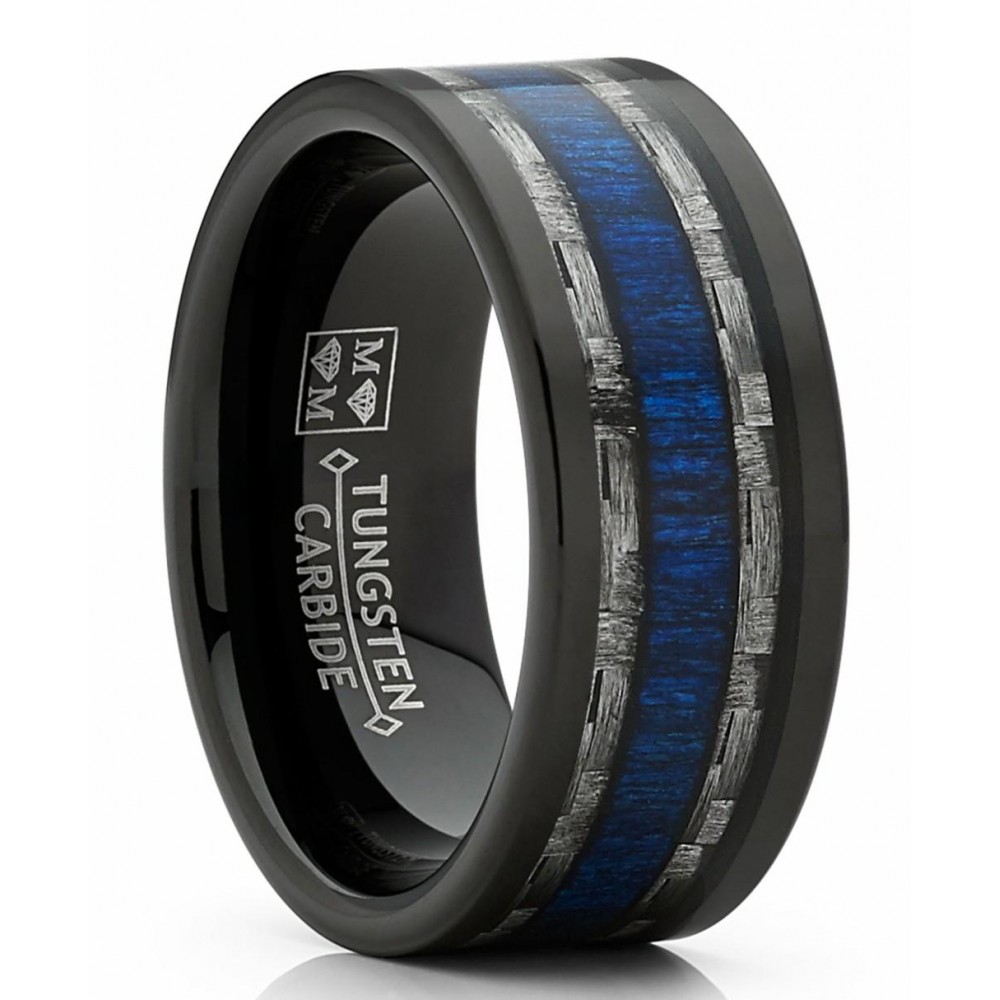 Mens Rings | Mens Tungsten Wedding Band Ring Carbon Fiber Blue Wood Inlay 9MM Comfort-Fit