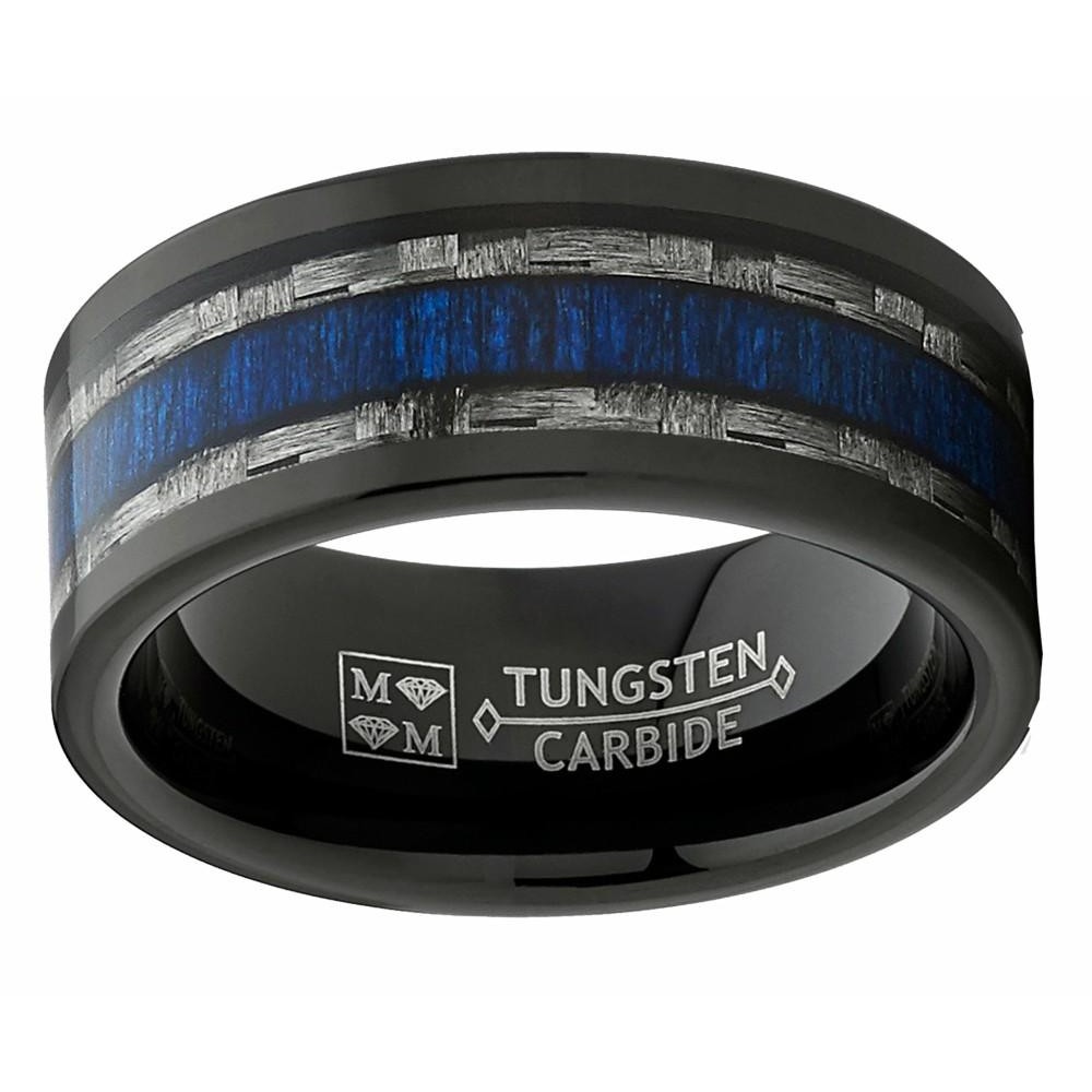 Mens Rings | Mens Tungsten Wedding Band Ring Carbon Fiber Blue Wood Inlay 9MM Comfort-Fit