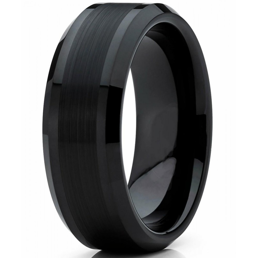 Mens Rings | Tungsten Carbide Men's Black Brushed Center Wedding Band Engagement Ring, 8 mm Comfort Fit