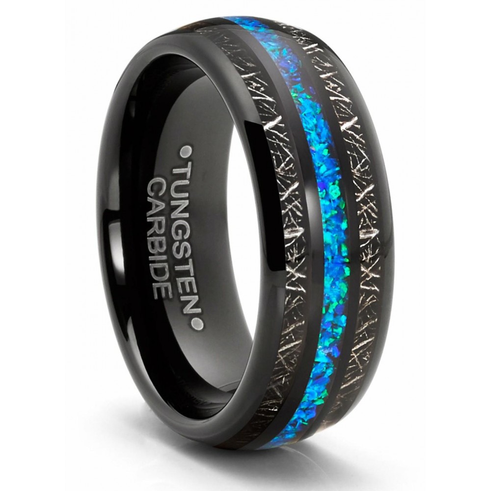 Mens Rings | Tungsten Carbide Mens Wedding Band Blue Titanium Shaving Inlay Engagement Ring Black