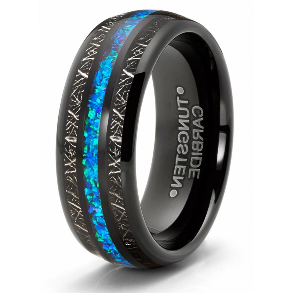 Mens Rings | Tungsten Carbide Mens Wedding Band Blue Titanium Shaving Inlay Engagement Ring Black