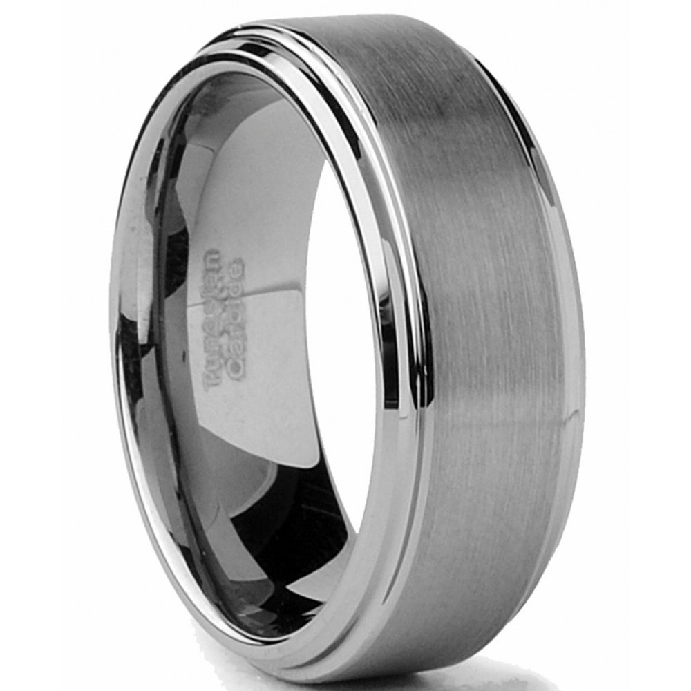 Mens Rings | Tungsten Men's Wedding Band 8MM Brushed Finish High-Polish Silvertone Comfort-Fit Beveled Edges