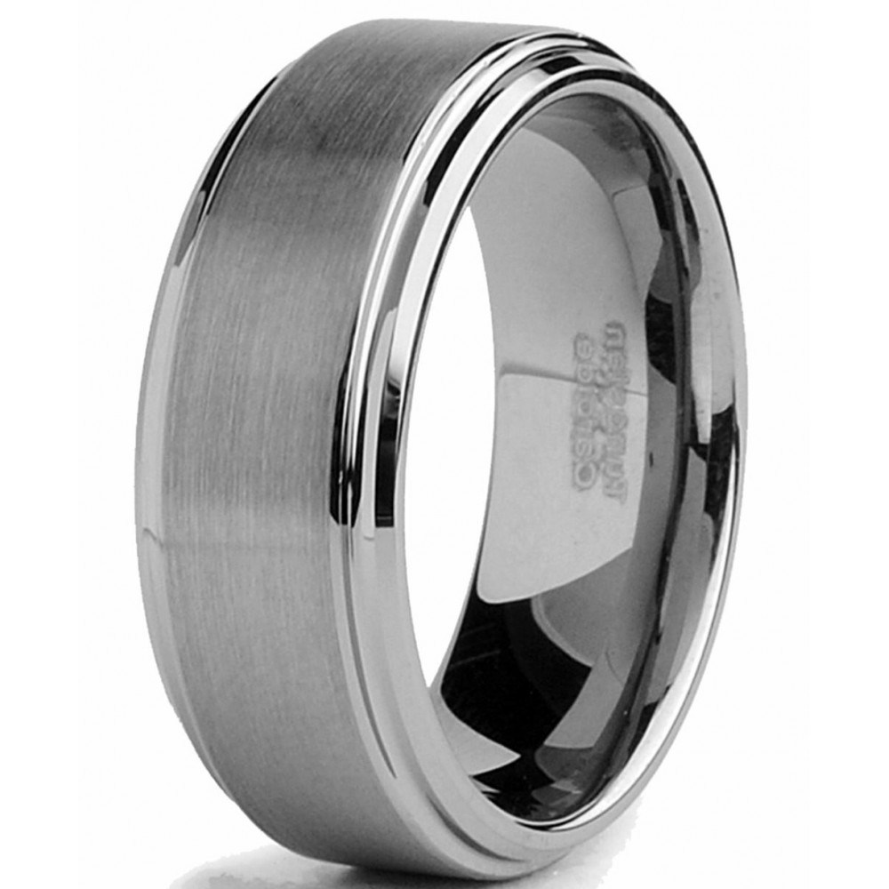 Mens Rings | Tungsten Men's Wedding Band 8MM Brushed Finish High-Polish Silvertone Comfort-Fit Beveled Edges