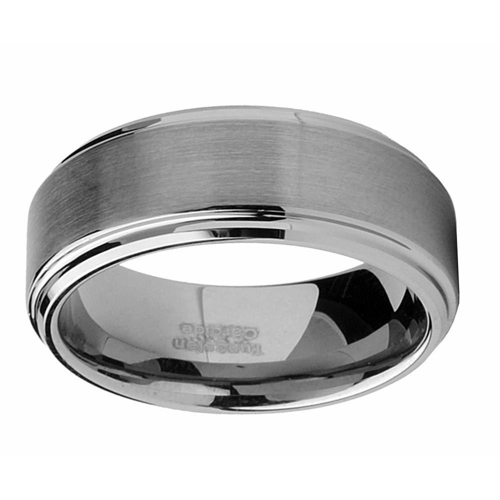 Mens Rings | Tungsten Men's Wedding Band 8MM Brushed Finish High-Polish Silvertone Comfort-Fit Beveled Edges