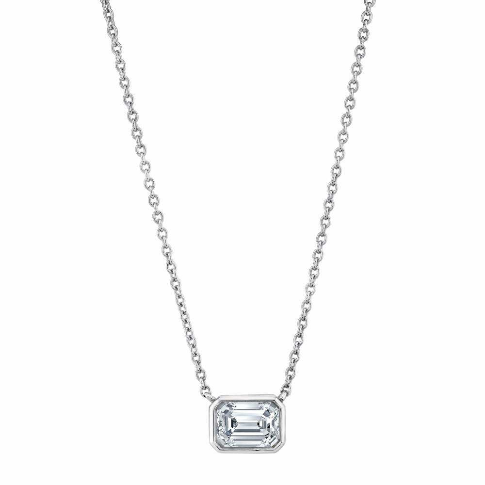 Pendants | 1 Ct. Moissanite Emerald-cut East West Pendant Necklace 18K White Gold on Silver Adjustable Chain