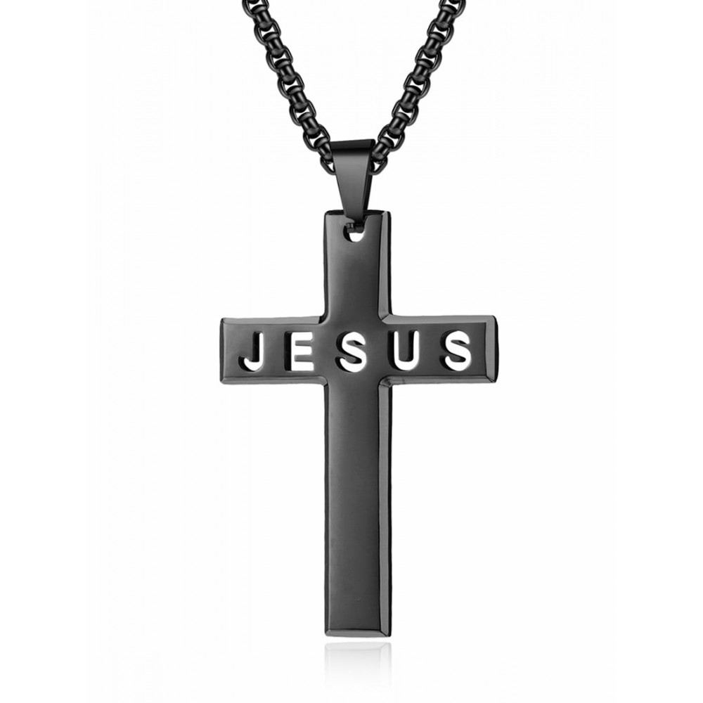 Pendants | Men's Black Stainless Steel Jesus Cross Pendant 24 Round Box Chain Necklace