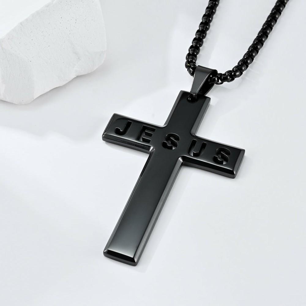 Pendants | Men's Black Stainless Steel Jesus Cross Pendant 24 Round Box Chain Necklace