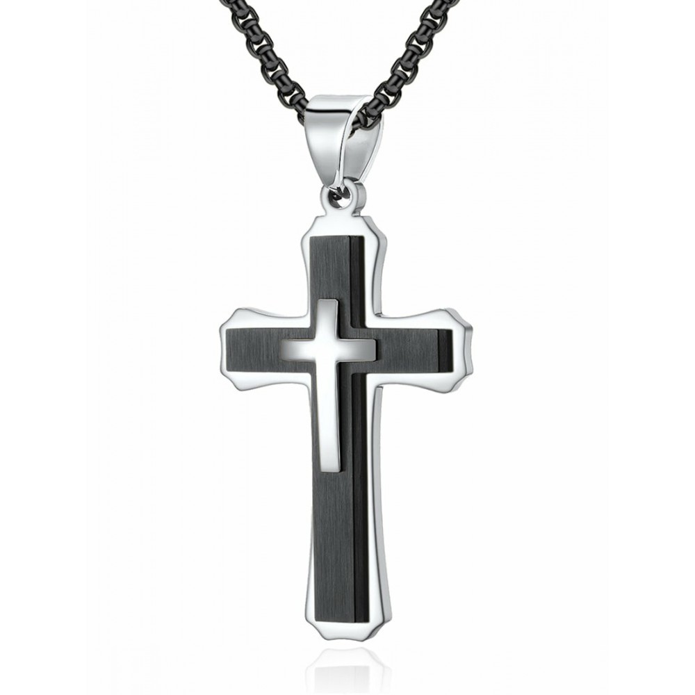 Pendants | Men's Stainless Steel Cross Pendant Black & Silvertone 24 Round Box Chain Necklace