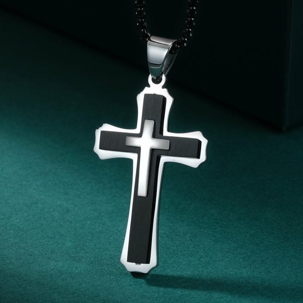 Pendants | Men's Stainless Steel Cross Pendant Black & Silvertone 24 Round Box Chain Necklace