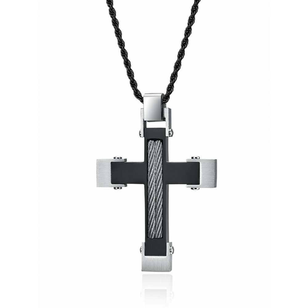 Pendants | Men's Stainless Steel Cross Pendant Black Silver Twisted Cable Inlay 24 Rope Chain Necklace