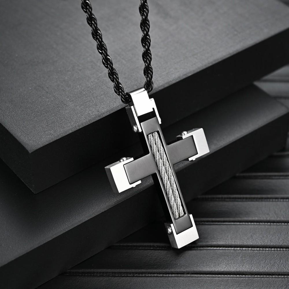 Pendants | Men's Stainless Steel Cross Pendant Black Silver Twisted Cable Inlay 24 Rope Chain Necklace