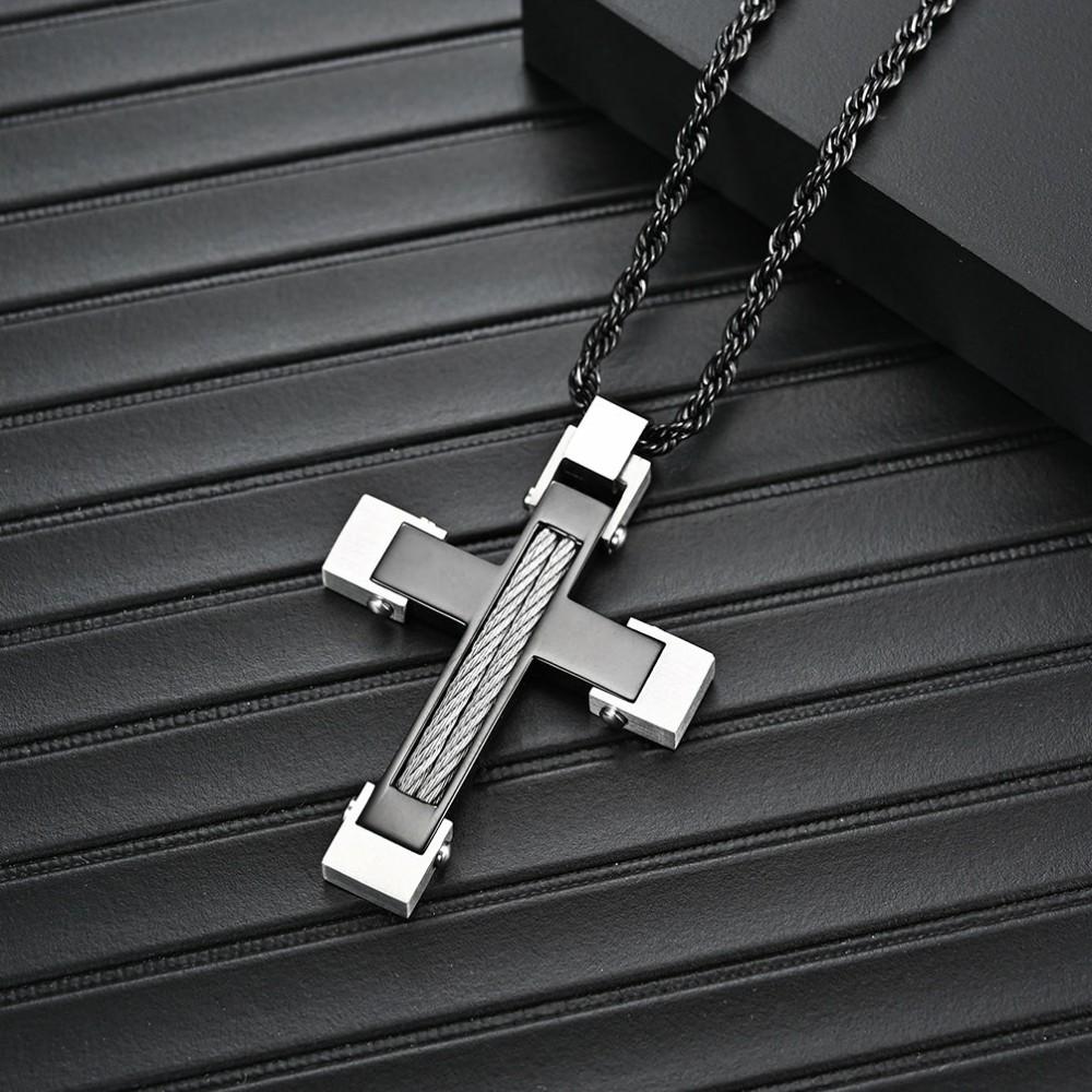 Pendants | Men's Stainless Steel Cross Pendant Black Silver Twisted Cable Inlay 24 Rope Chain Necklace