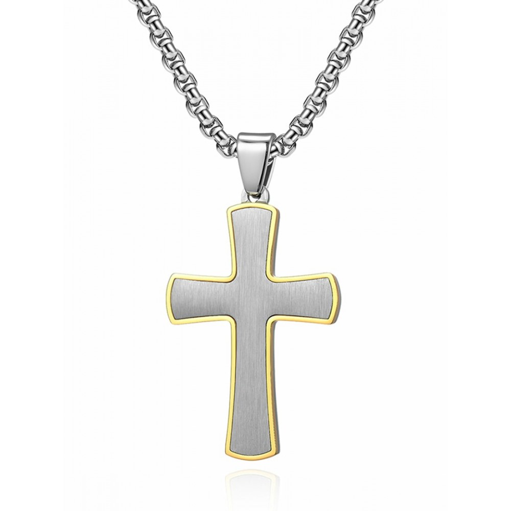 Pendants | Men's Stainless Steel Cross Pendant Gold & Silvertone 24 Round Box Chain Necklace