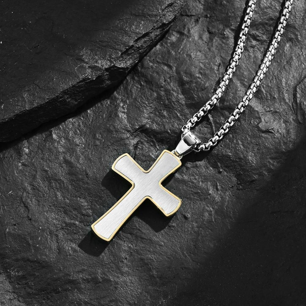 Pendants | Men's Stainless Steel Cross Pendant Gold & Silvertone 24 Round Box Chain Necklace