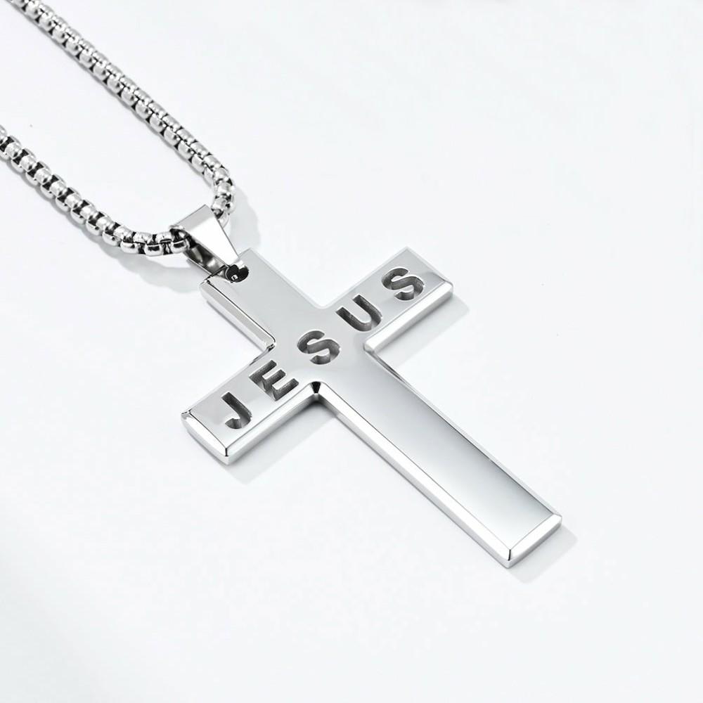 Pendants | Men's Stainless Steel Jesus Cross Pendant Silvertone 24 Round Box Chain Necklace