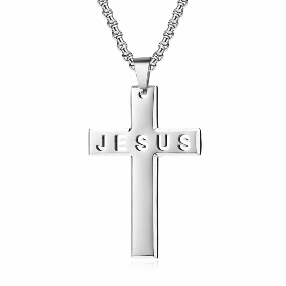 Pendants | Men's Stainless Steel Jesus Cross Pendant Silvertone 24 Round Box Chain Necklace