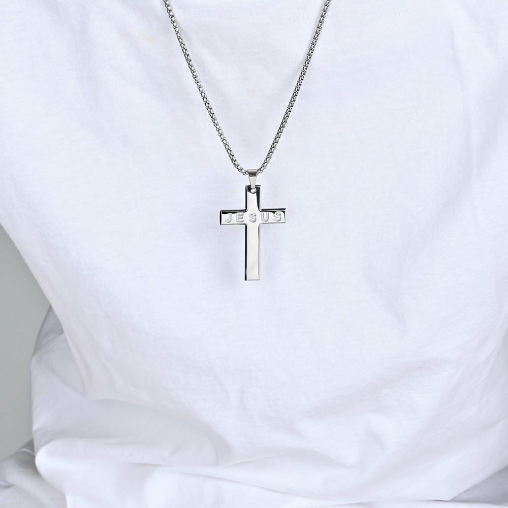 Pendants | Men's Stainless Steel Jesus Cross Pendant Silvertone 24 Round Box Chain Necklace