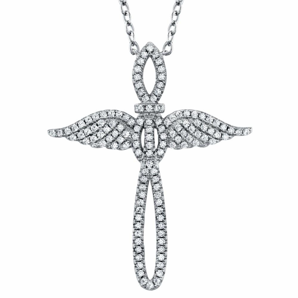 Pendants | Sterling Silver 925 Angel Cross Charm Pendant Diamond Adjustable Necklace 16-18