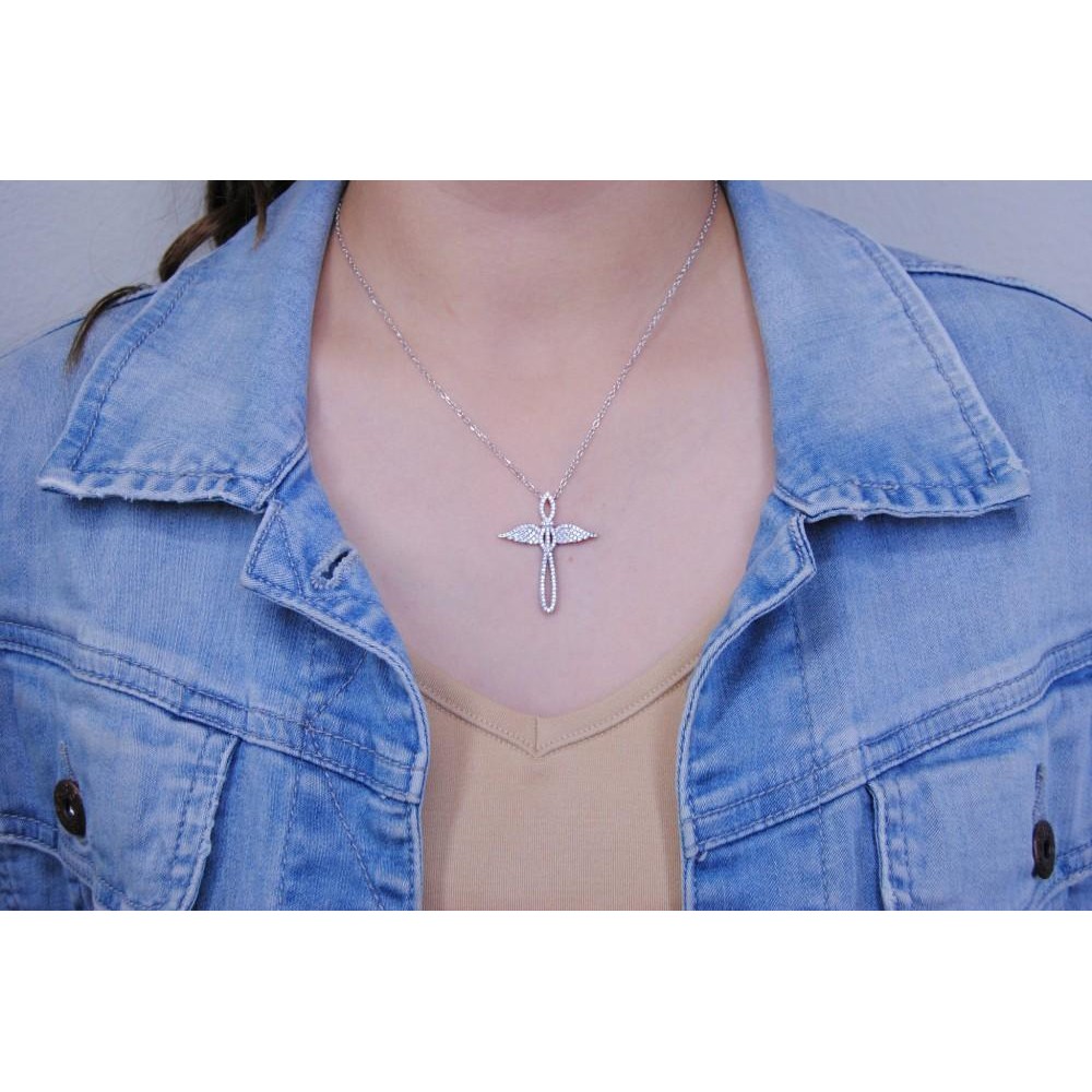 Pendants | Sterling Silver 925 Angel Cross Charm Pendant Diamond Adjustable Necklace 16-18